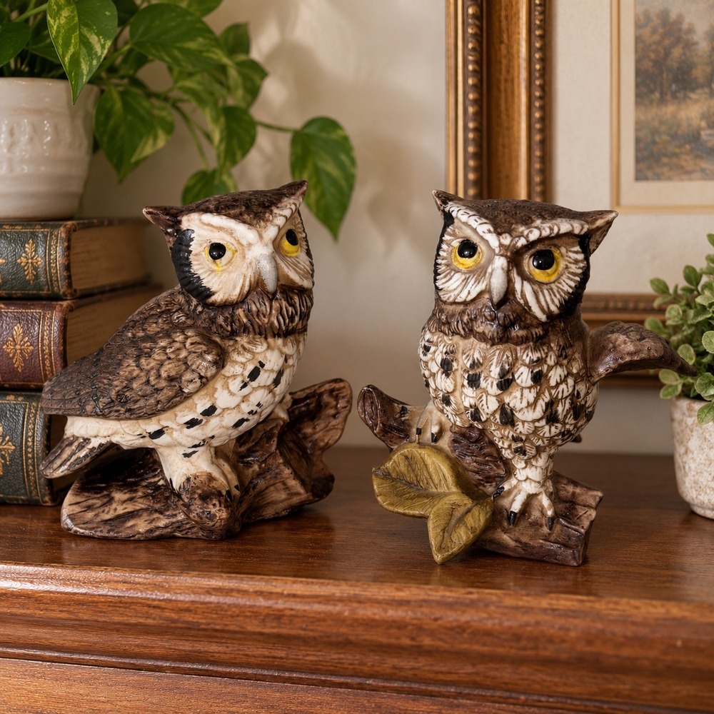 Vintage HOMCO #1114 Owl Set of 2 Home Interiors Woodland Decor MCM Cottagecore